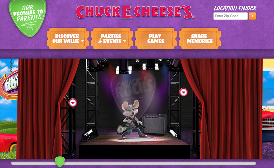 Screenshot of the Chuck E Cheese's website Events page