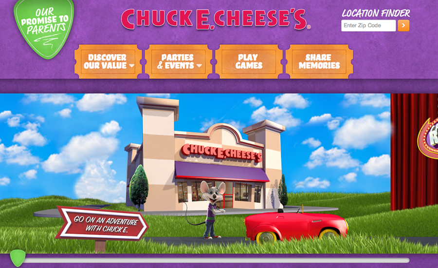 Screenshot of the Chuck E Cheese's website homepage