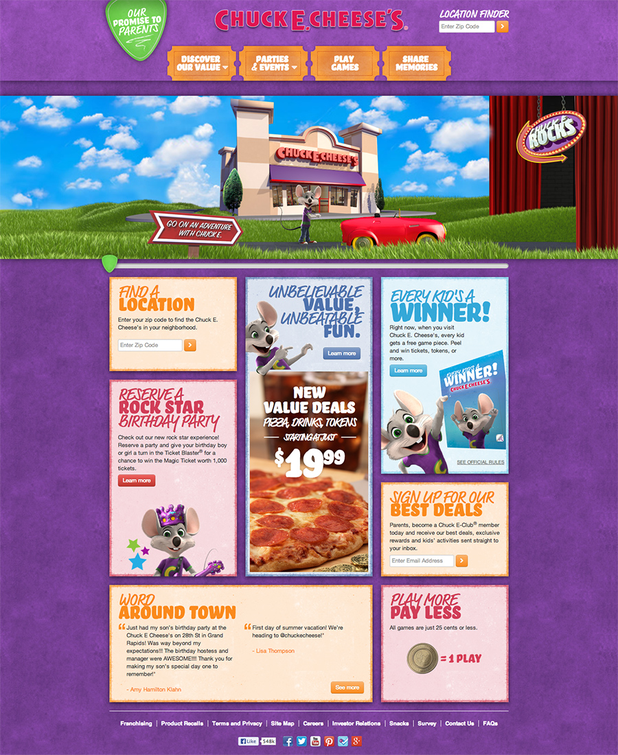Screenshot of the Chuck E Cheese's website Parties and Events page