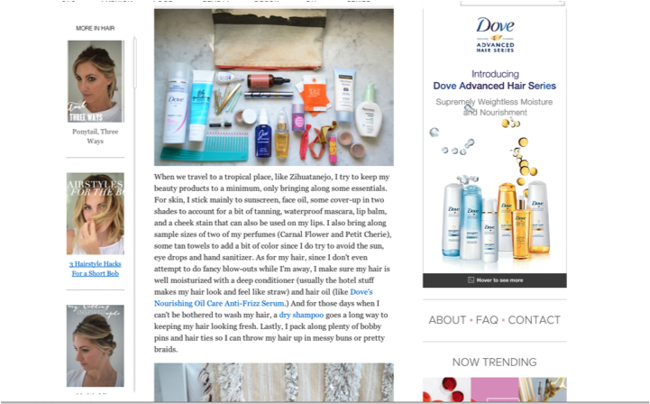 Screenshot of the Cupcakes and Cashmere website featuring a Dove soap ad