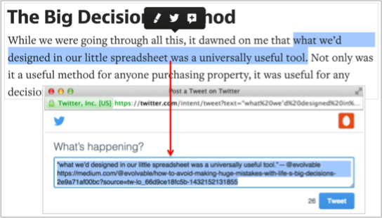 Screenshot of functionality on the website Medium that allows visitors to highlight text and immediately tweet it out.