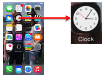 Screenshot of an iPhone home screen with an inset showing the clock icon.