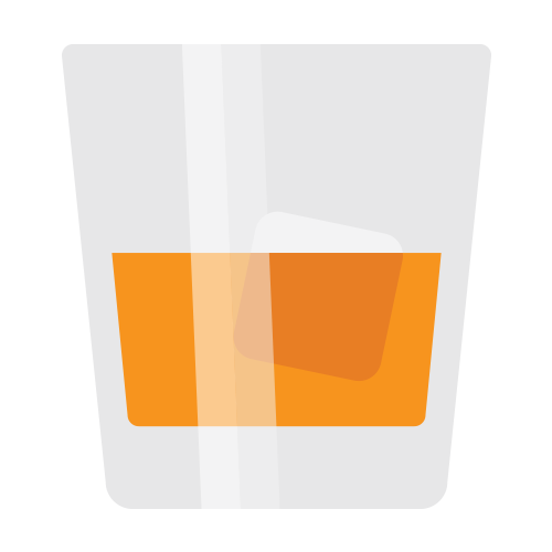 Stylized image of whiskey in a glass with a single ice cube floating in it.