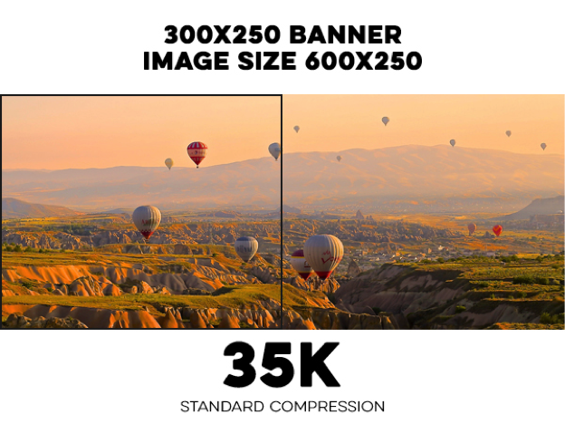 Image displaying a vista of mountains and hot air ballons. There is a black box showing how large the 300 by 250 part of the image is.