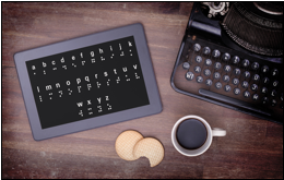 Image showing tablet, keyboard, cookies and a cup of coffee