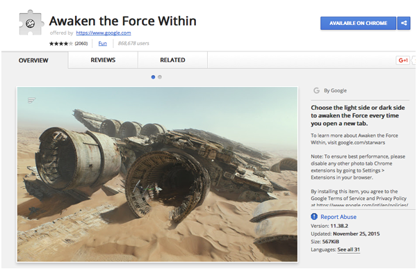 Screenshot of Google Chrome add-on for The Force Awakens