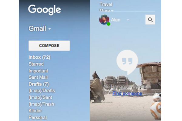 Screenshot of Gmail showing a Star Wars theme