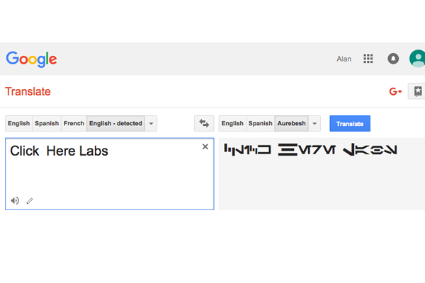 Screenshot of Google Translate showing Click Here Labs being translated into Aurebesh, a fictional language from the Star Wars movies.