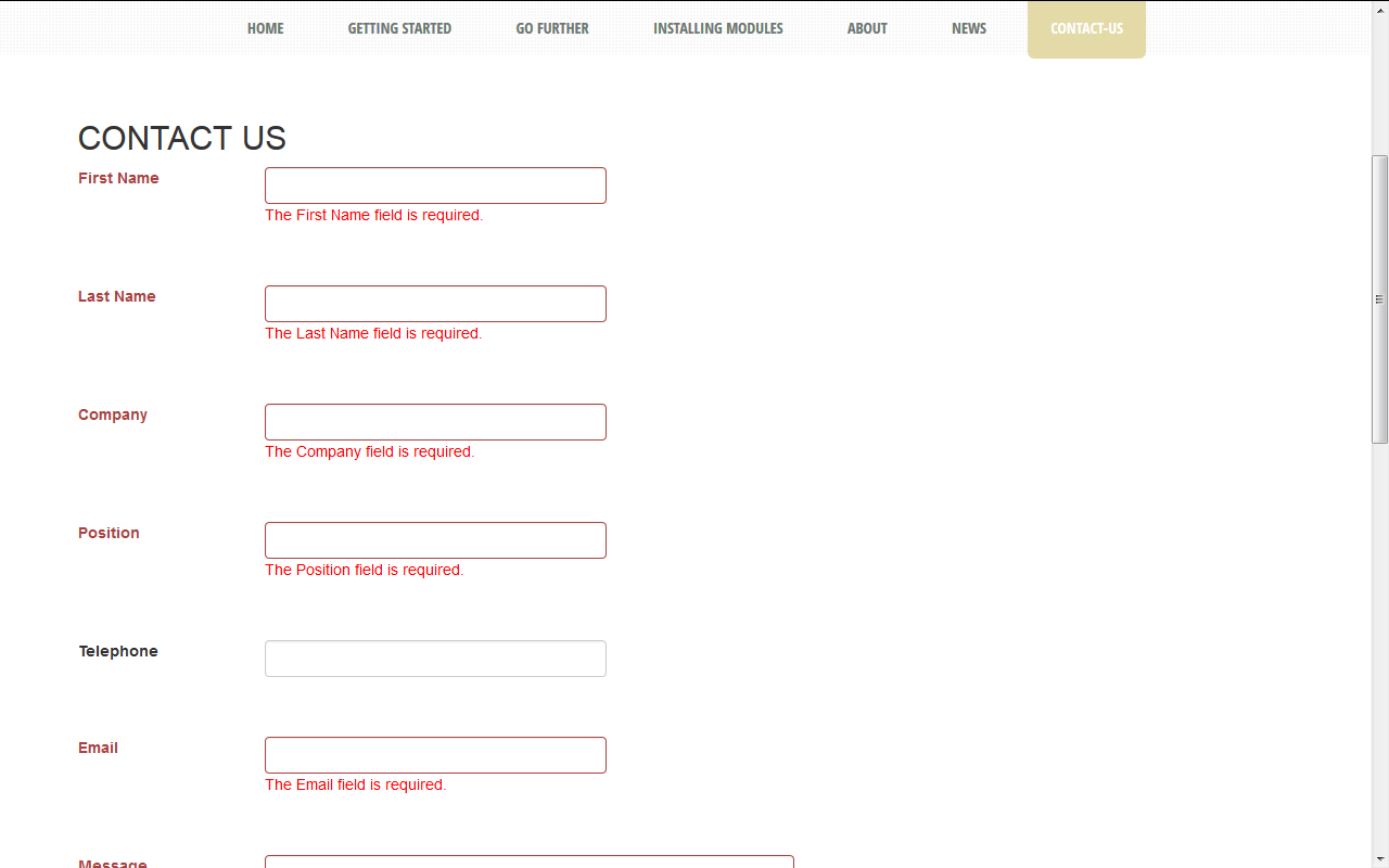 Screenshot of a Contact Us form with validation errors displayed.