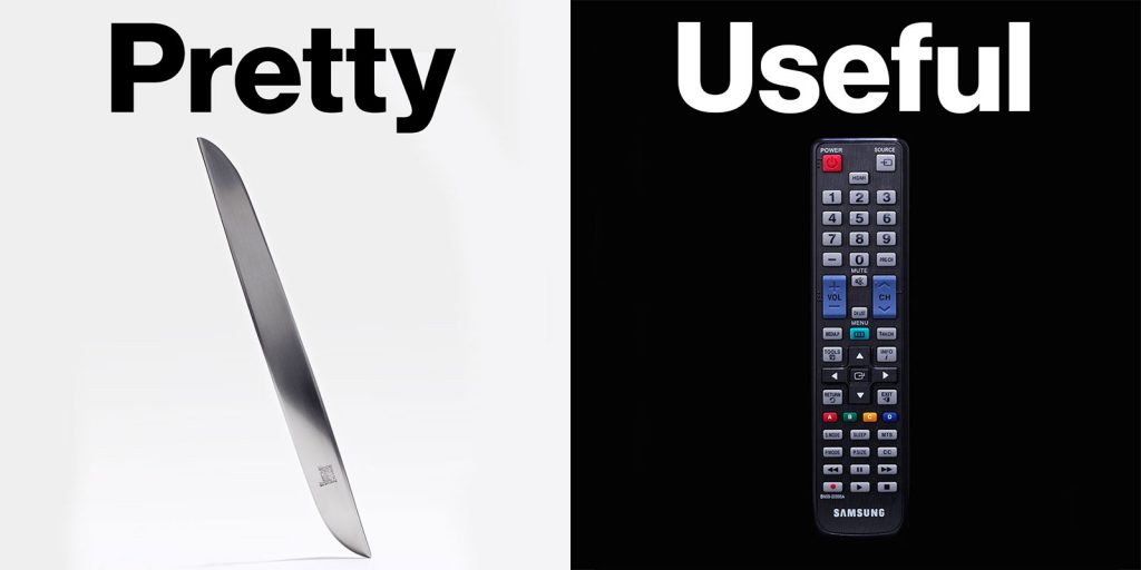 An image displaying a thin smart remote with the word Pretty above it, and conventional Samsung remote with the word Useful above it.