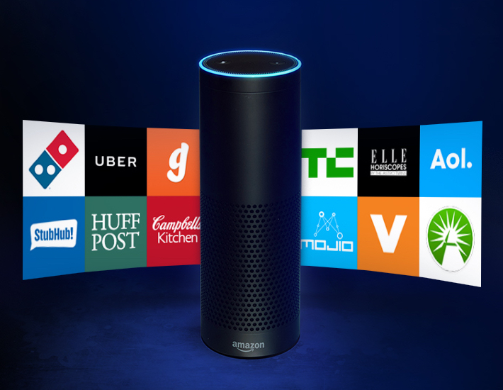 Image of an Amazon Alexa with logos for brands that contribute to Alexa functionality.
