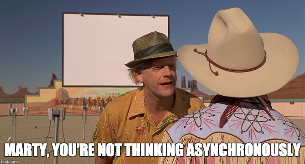 Meme of Doc Brown and Marty McFly at a drive-in from Back to the Future 3 