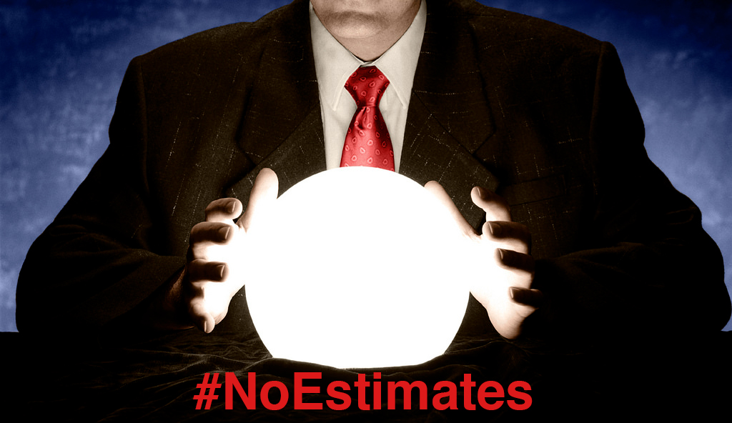 man with crystal ball and #NoEstimates hashtag