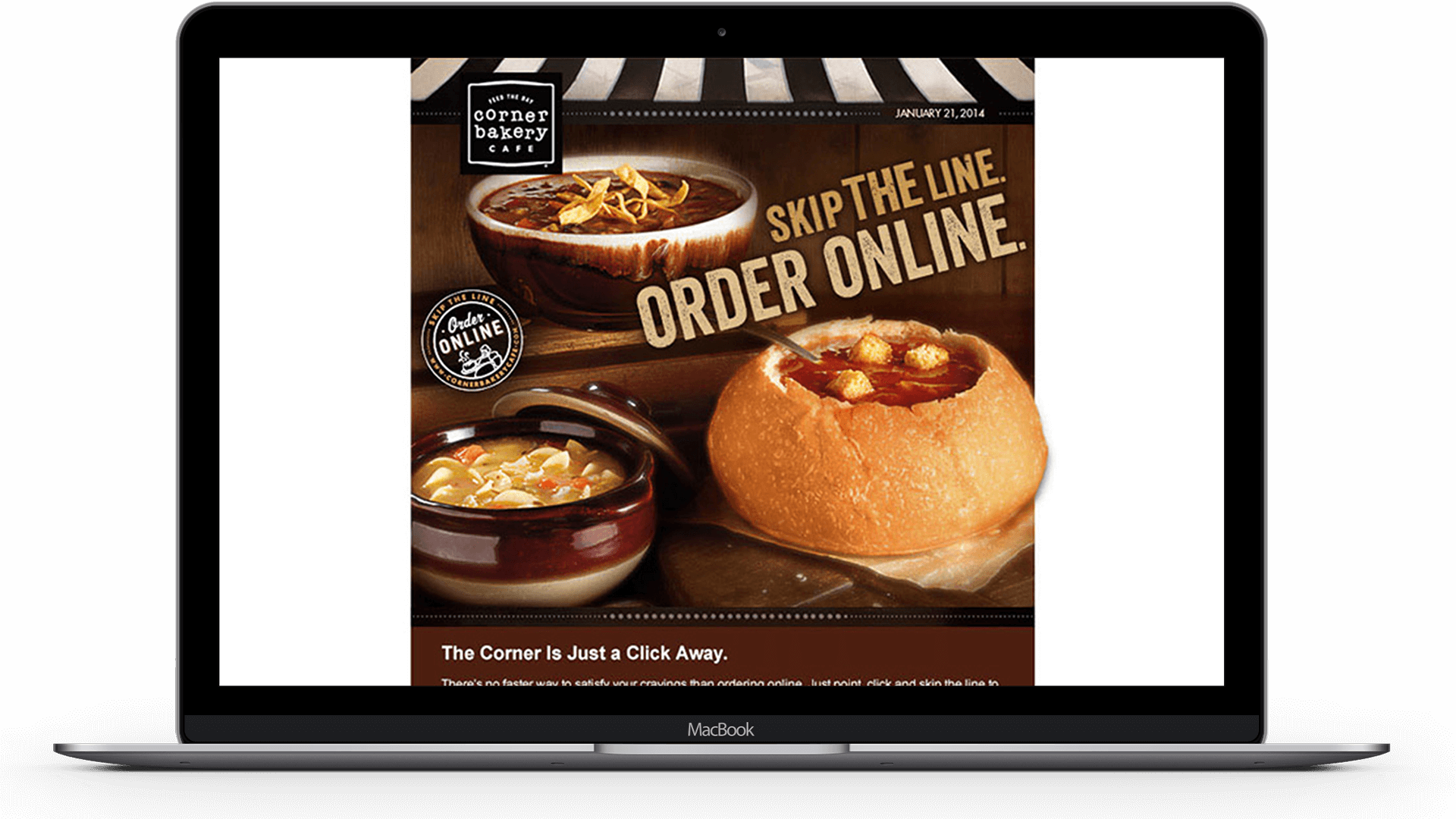Corner Bakery website on laptop screen