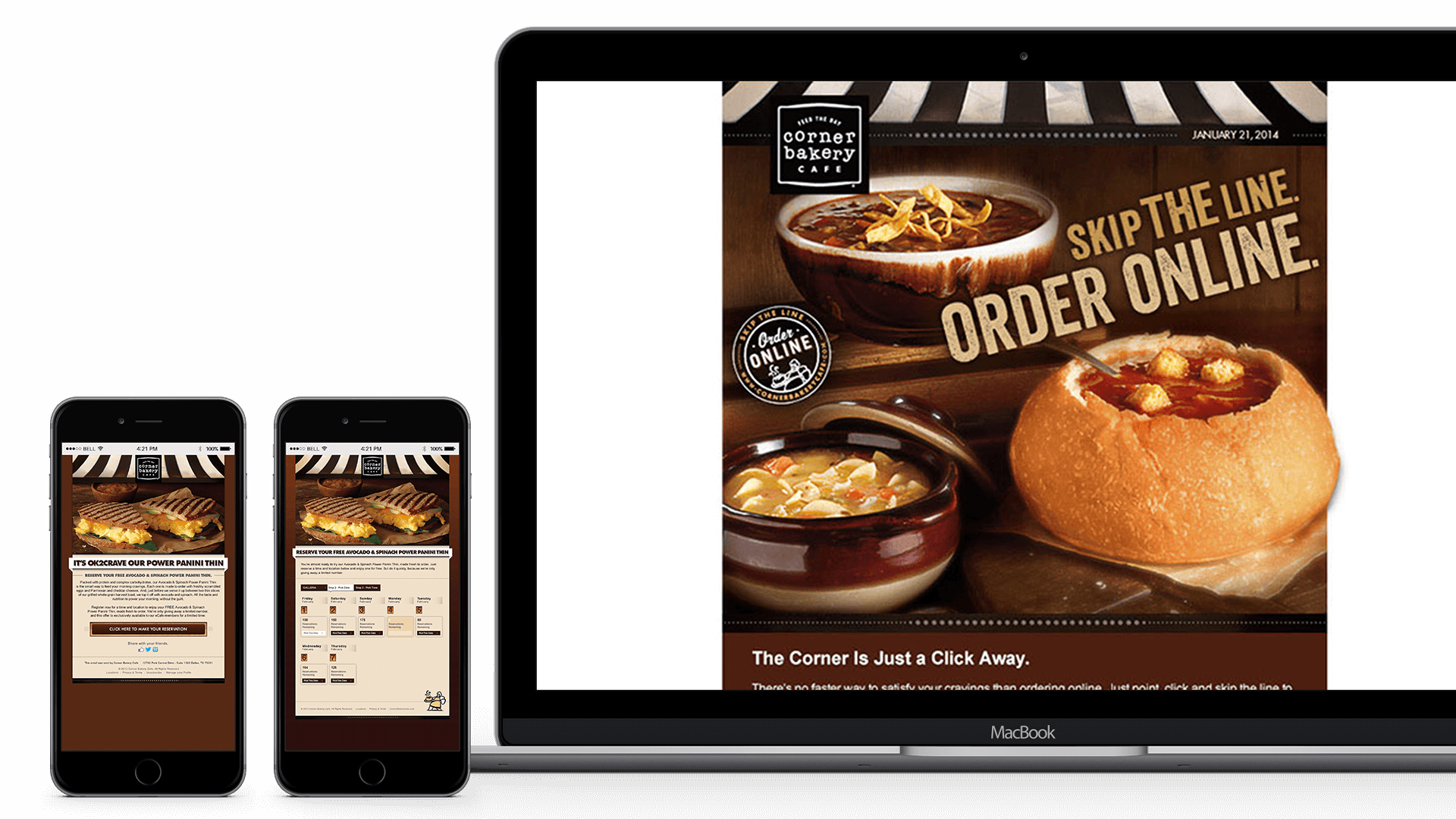 Corner Bakery website on desktop and mobile screens