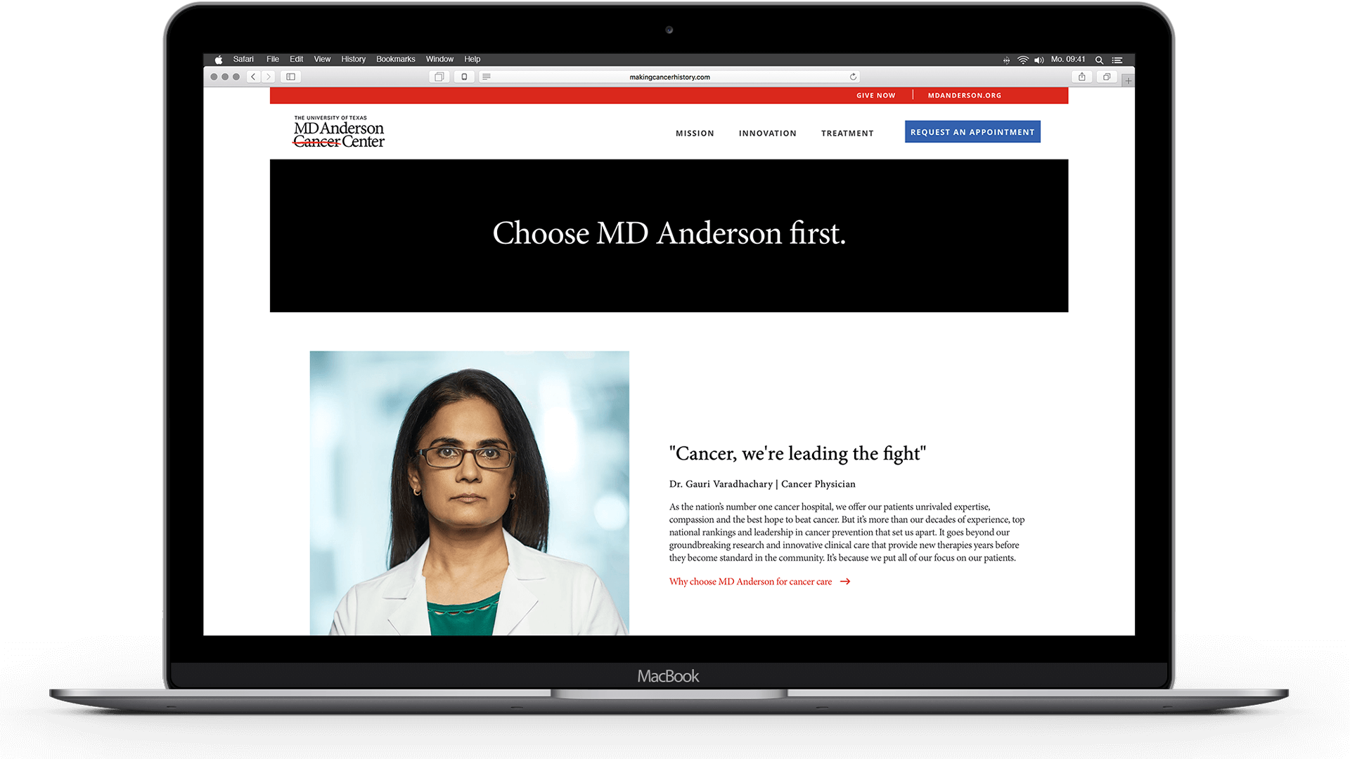MD Anderson Making Cancer History campaign on laptop screen