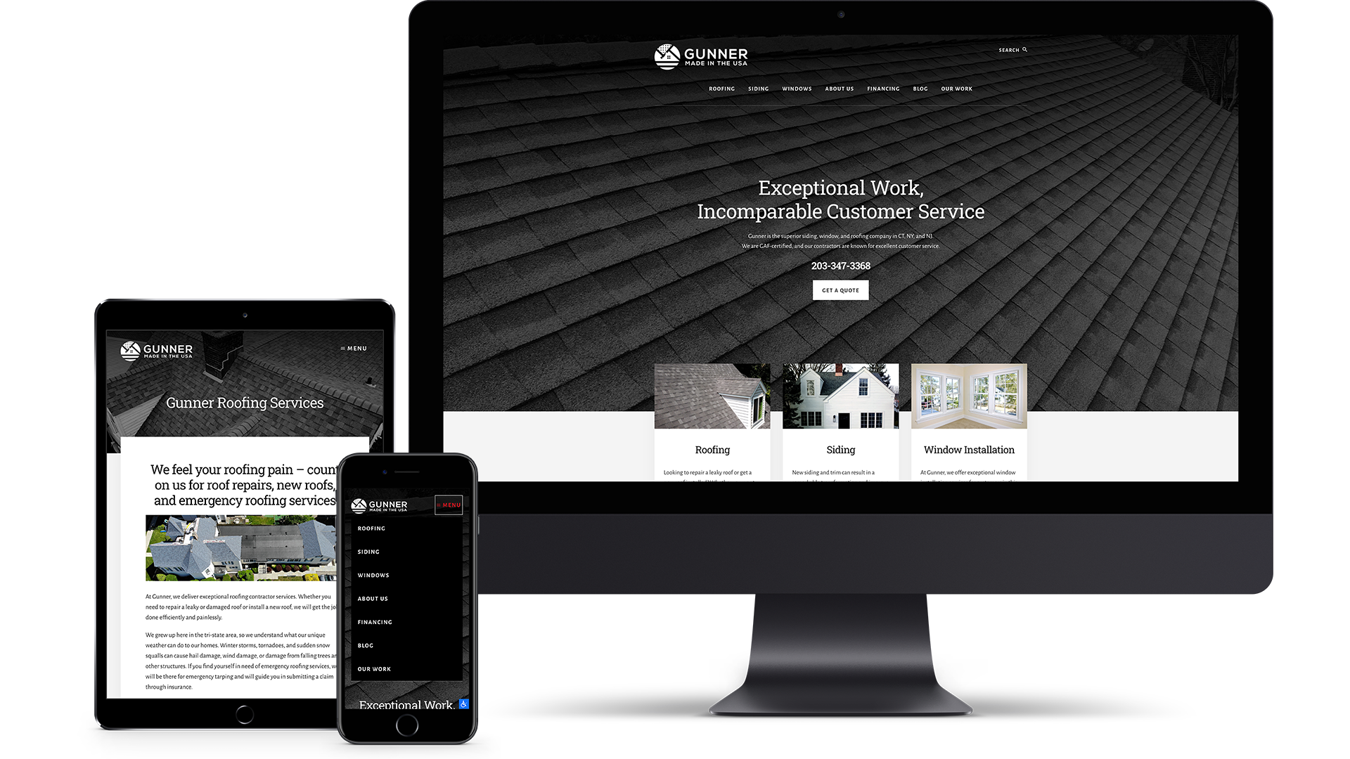 Gunner Roofing website on multiple device screens